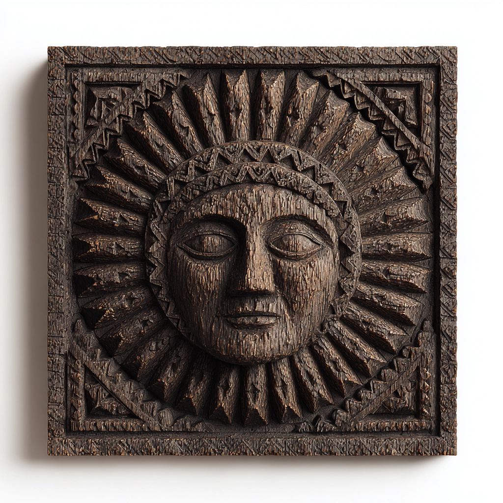 Hand-Carved Sun Face Wooden Relief Wall Sculpture  Wood Sculpture