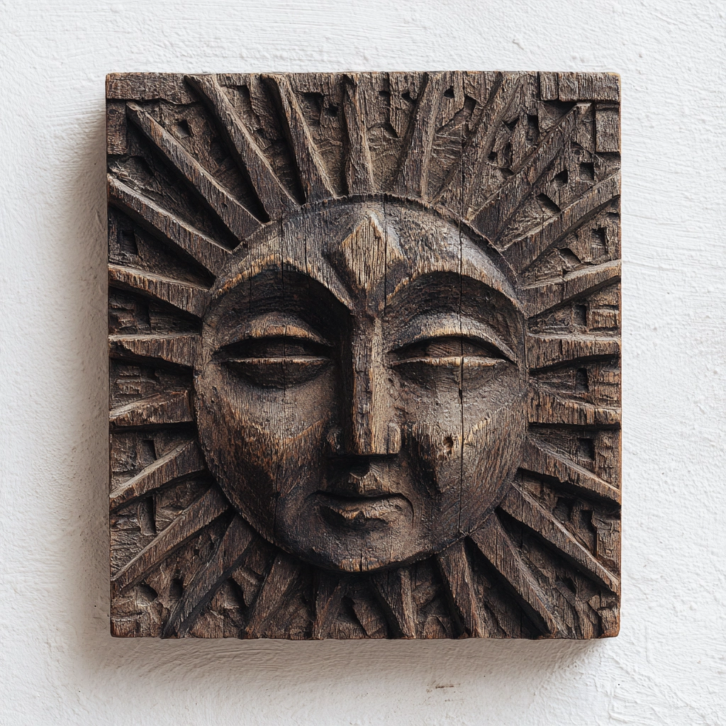 Hand-Carved Rustic Sun Face Wooden Relief Wall Sculpture  Wood Sculpture