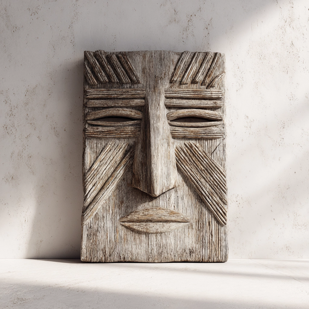 Ancestral Striped Tribal Relief Mask  Wood Sculpture