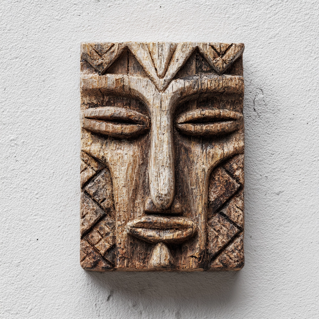 Ancestral Geometric Tribal Relief Mask  Wood Sculpture