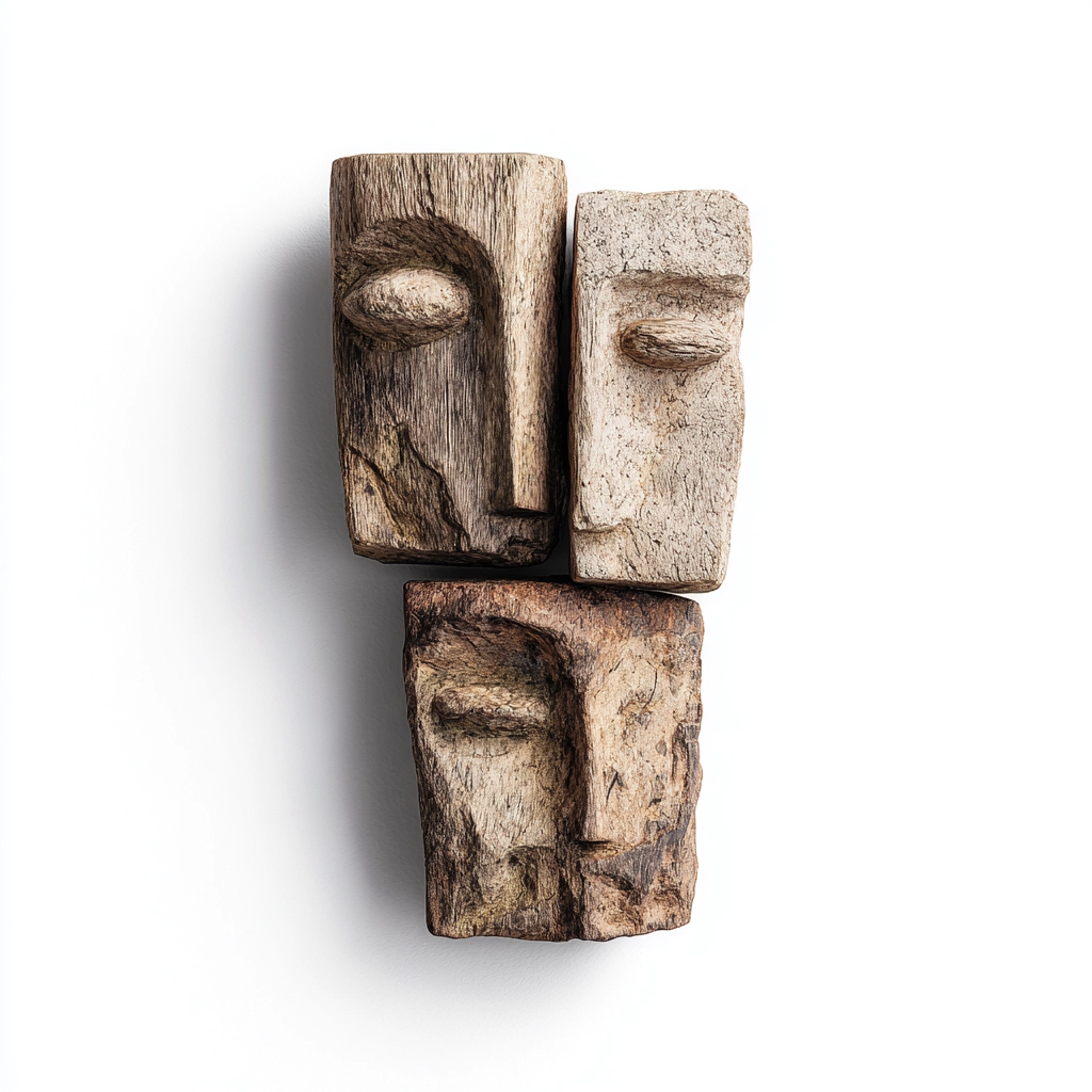 Triptych Weathered Wooden Faces Wall Sculpture  Wood Sculpture