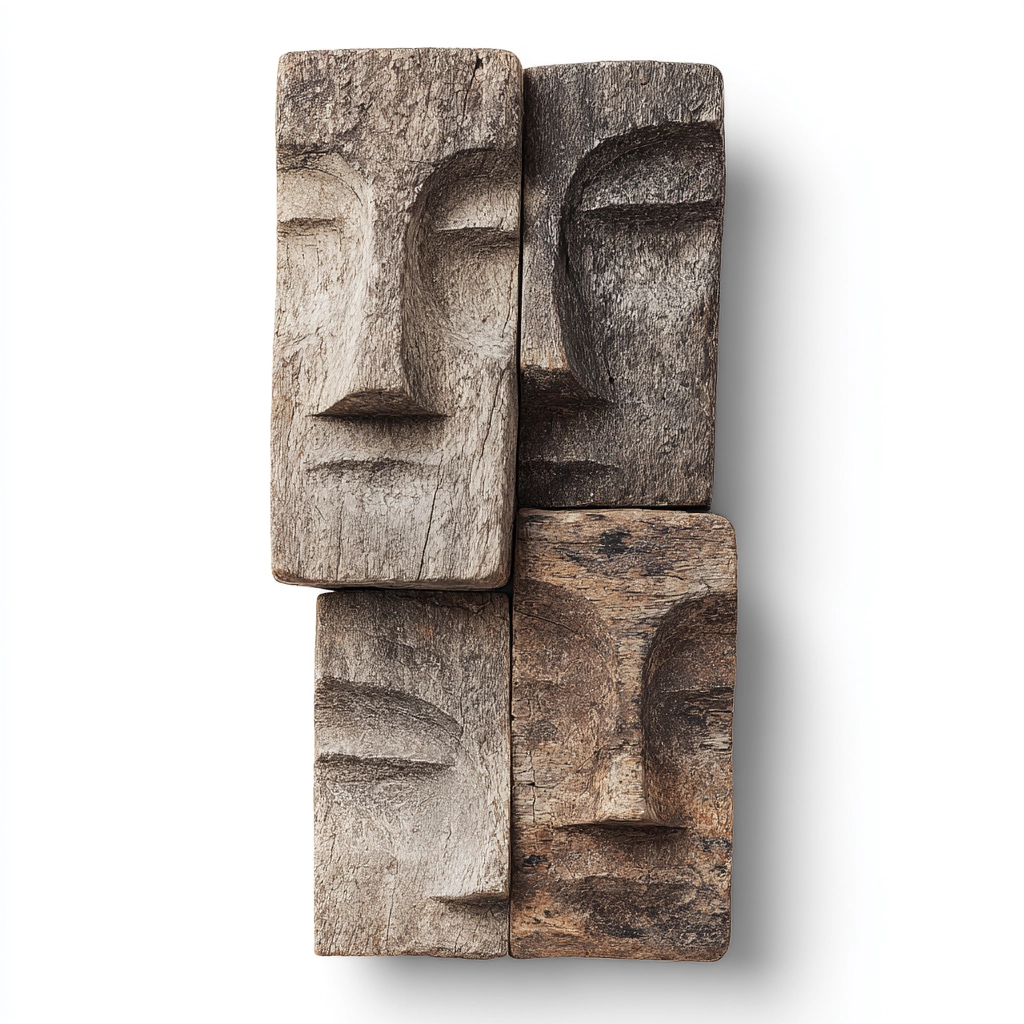Quartet Weathered Wooden Faces Wall Sculpture  Wood Sculpture