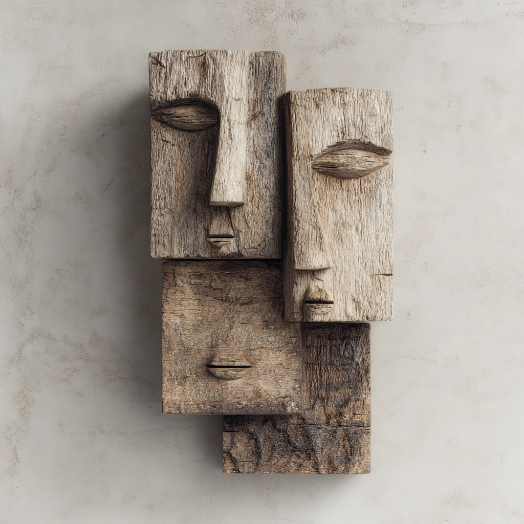 Fragmented Trio Weathered Wooden Wall Sculpture  Wood Sculpture