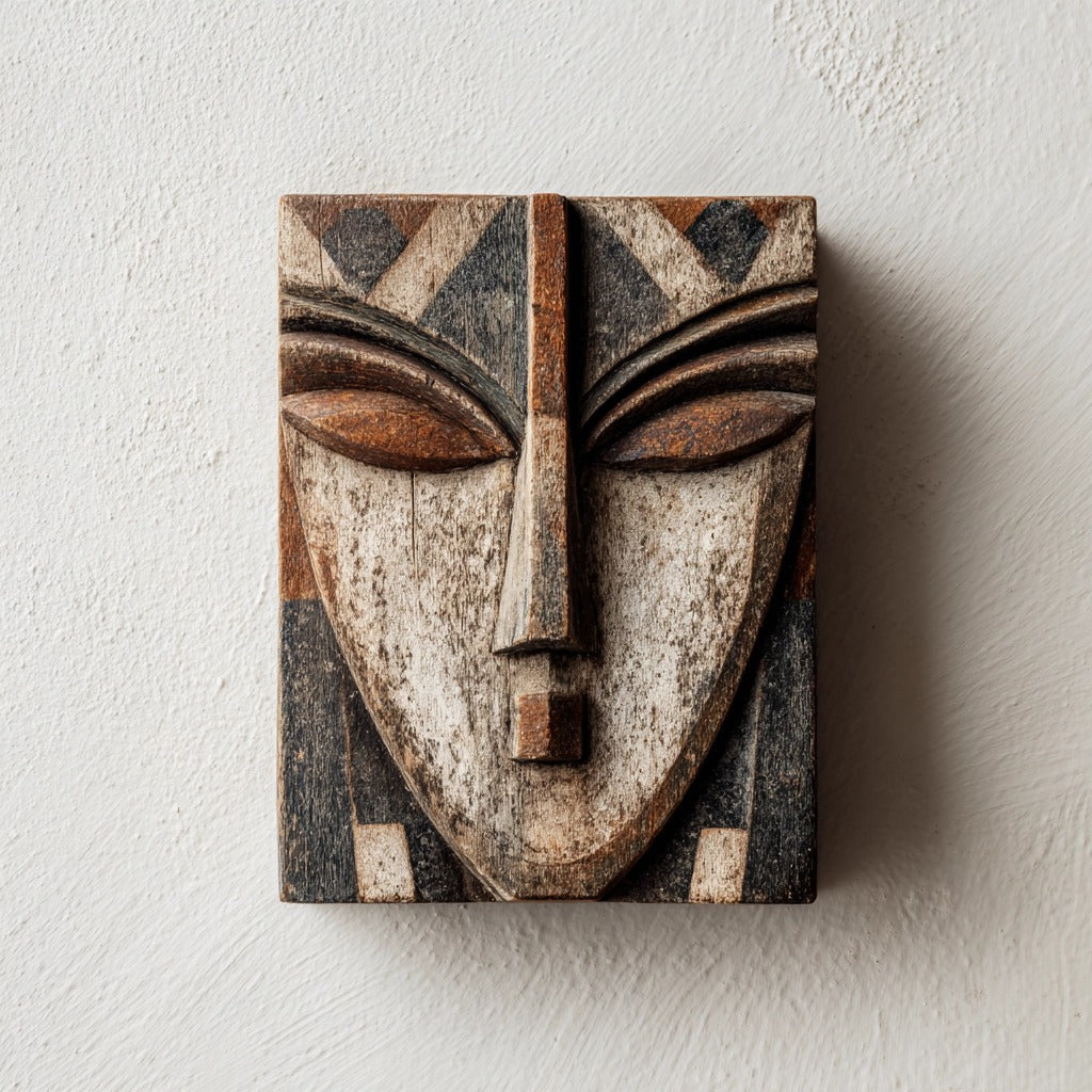 Tribal Geometry: The Painted Wood Face Relief ｜Wood Sculpture