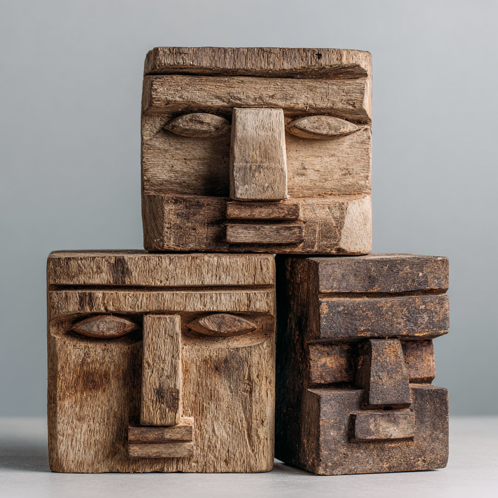 Trio of Primitive Cubes: The Ancestral Block Faces｜ Wood Sculpture