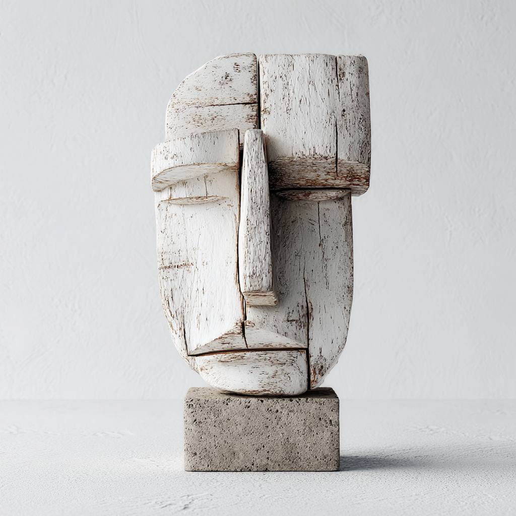 Whitewashed Cubist Visage｜ Wood Sculpture