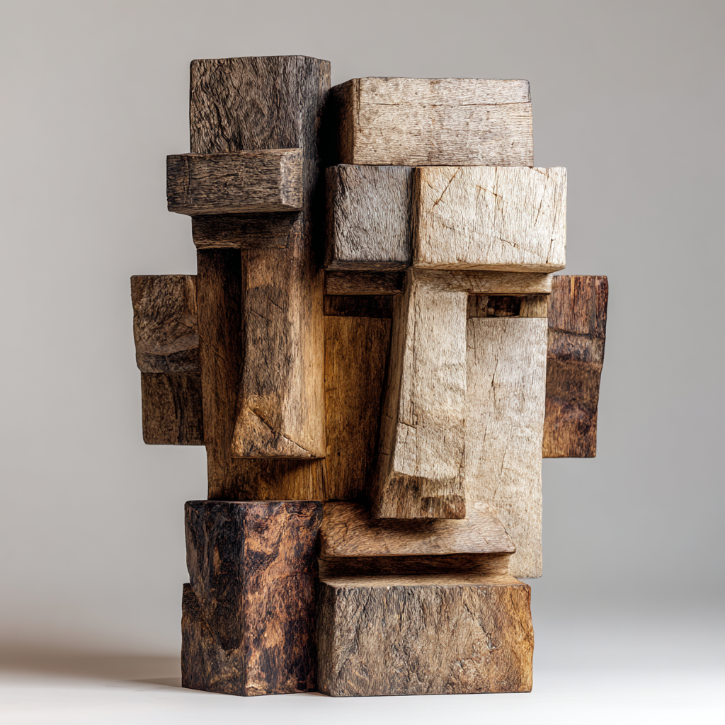 Dual Cubist Totem: The Weathered Block Duo｜ Wood Sculpture