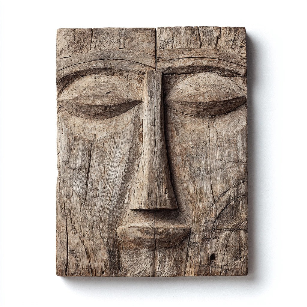 Timeless Guardian: The Weathered Wood Relief Mask｜Wood Sculpture