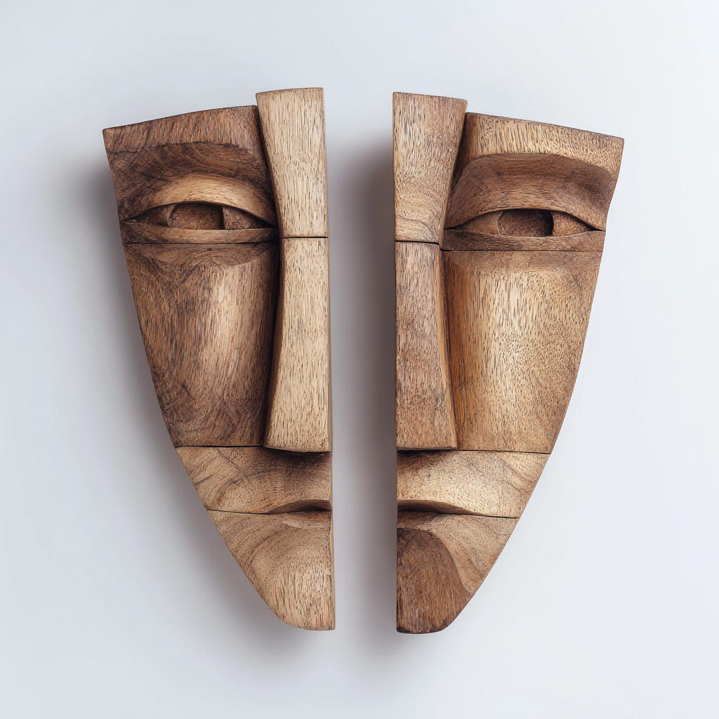 Divided Serenity: The Split Wood Face Masks｜Wood Sculpture