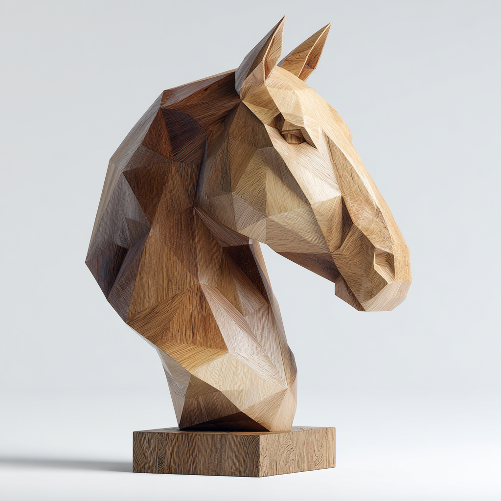 Geometric Steed: The Hand-Carved Polygonal Horse Head Sculpture | Wood Sculpture