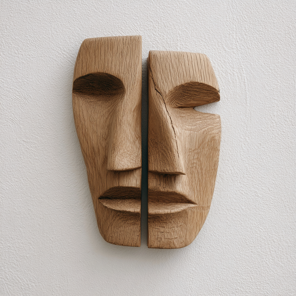 Split Duality: The Cracked Oak Face Relief ｜ Wall Sculpture