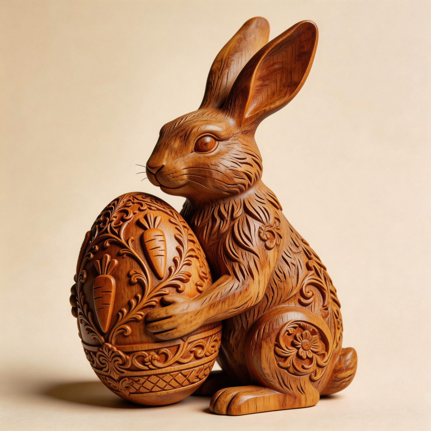 Hare & Carrot Egg Sculpture | Wood Sculpture
