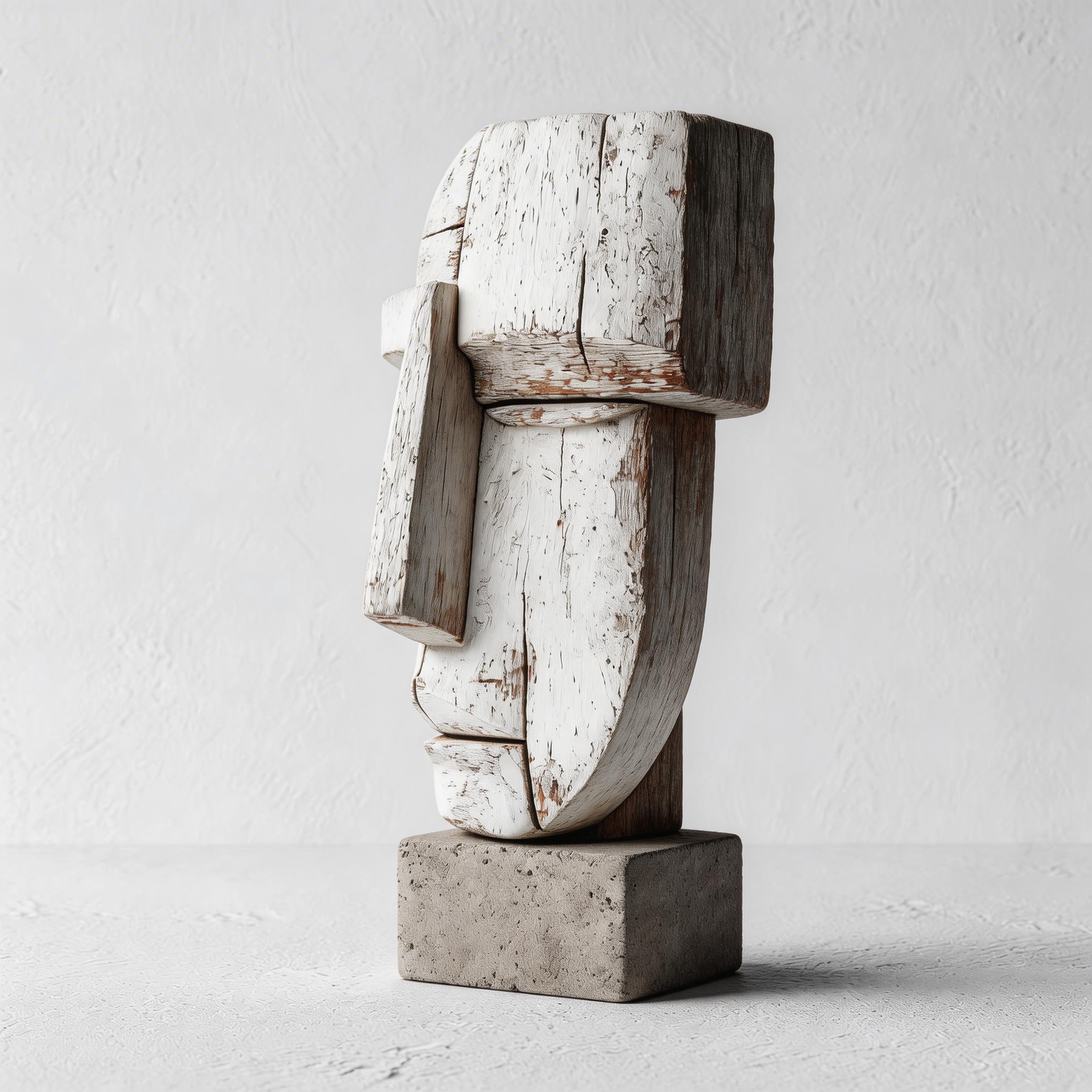 Whitewashed Cubist Visage｜ Wood Sculpture