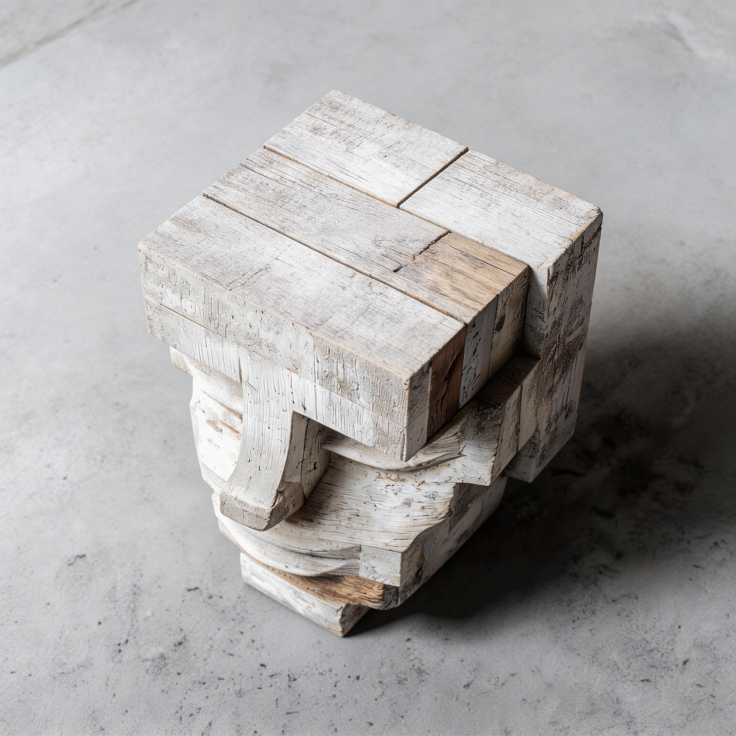 Monolithic Whisper: The Weathered Block Visage｜ Wood Sculpture