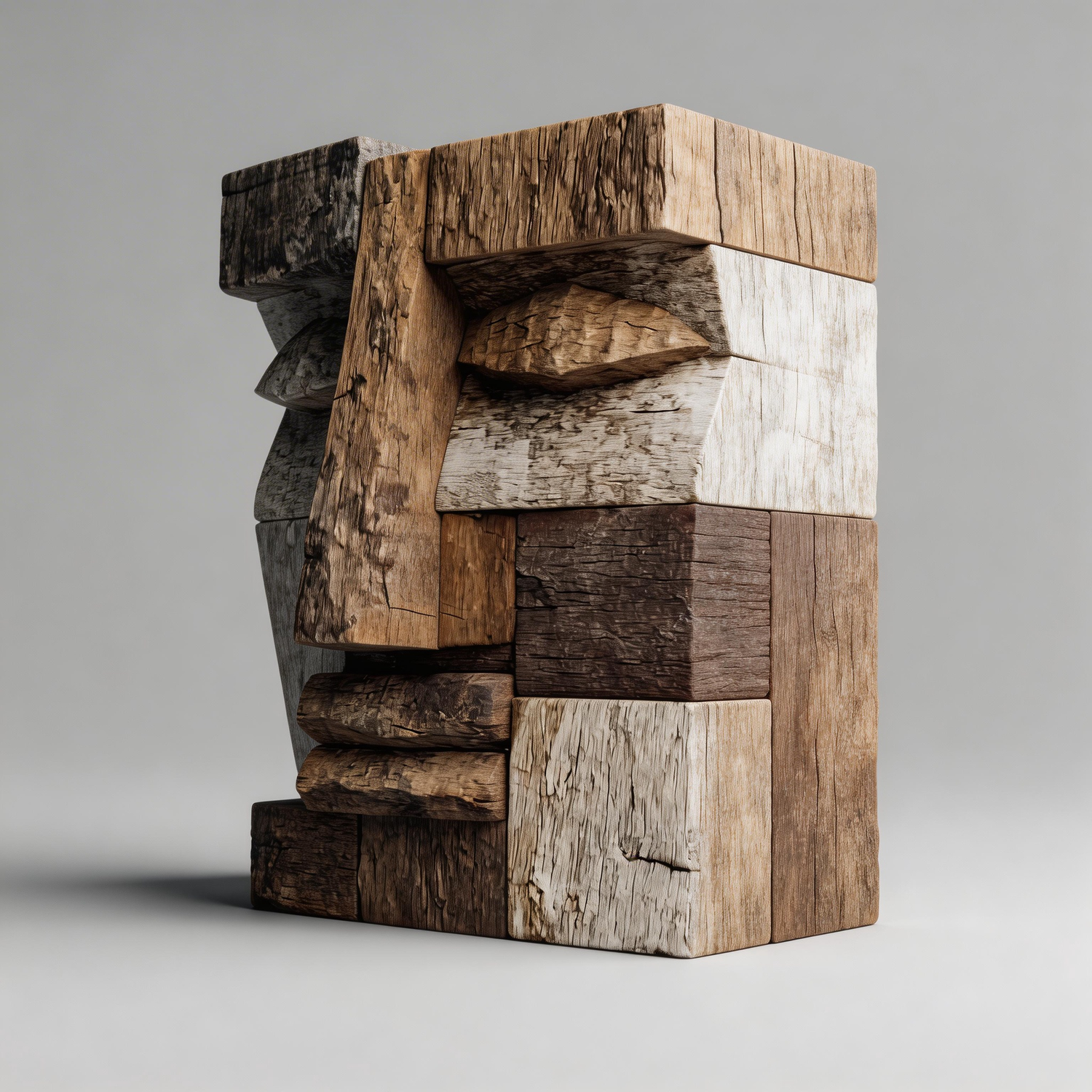 Primitive Echo: The Reclaimed Block Visage｜ Wood Sculpture