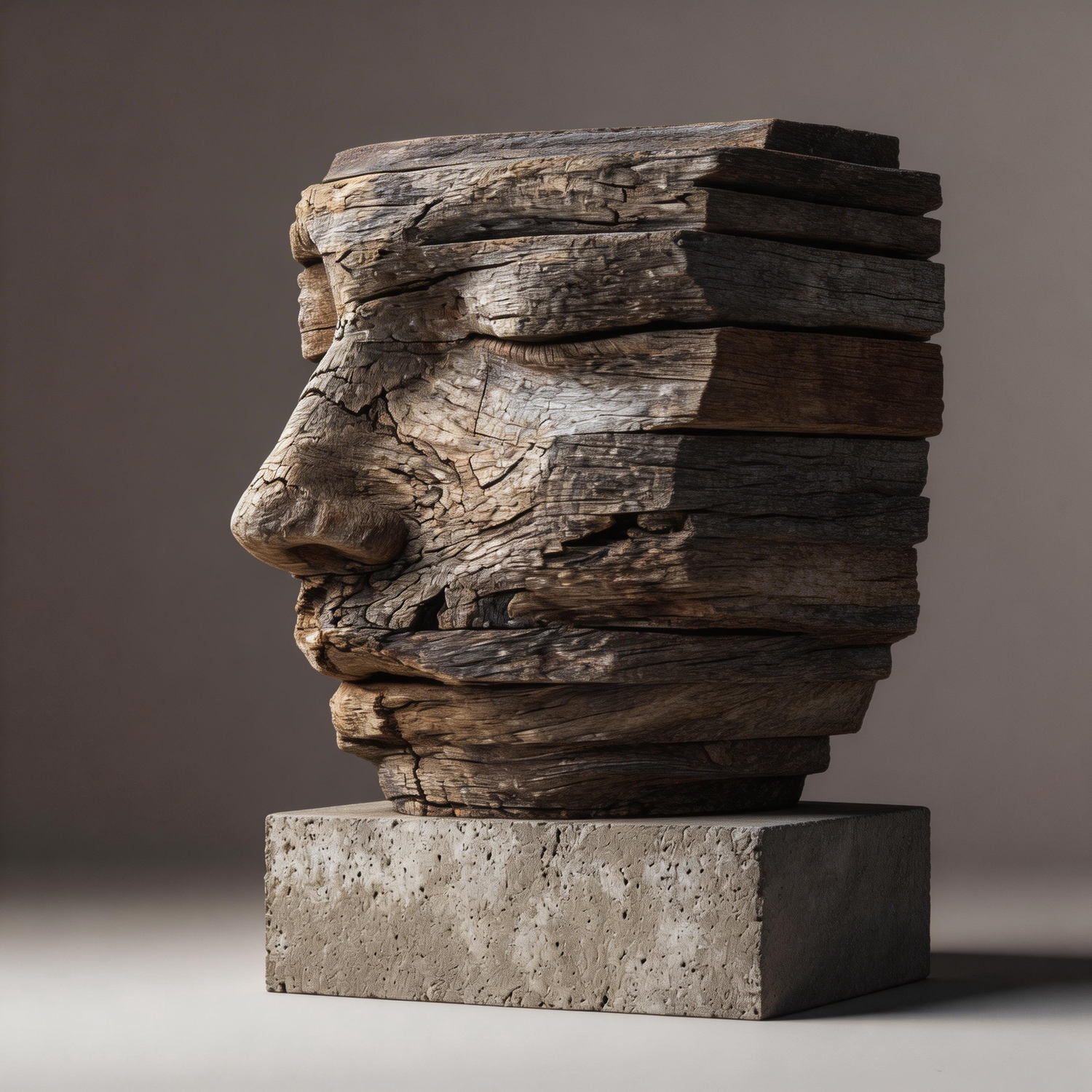 Timeless Slice: The Layered Weathered Visage｜ Wood Sculpture