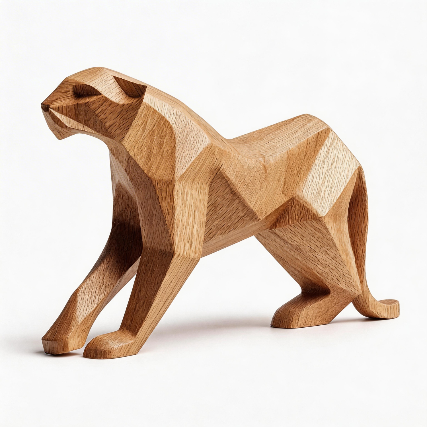 Geometric Prowler: The Hand-Carved Polygonal Panther Sculpture| Wood Sculpture