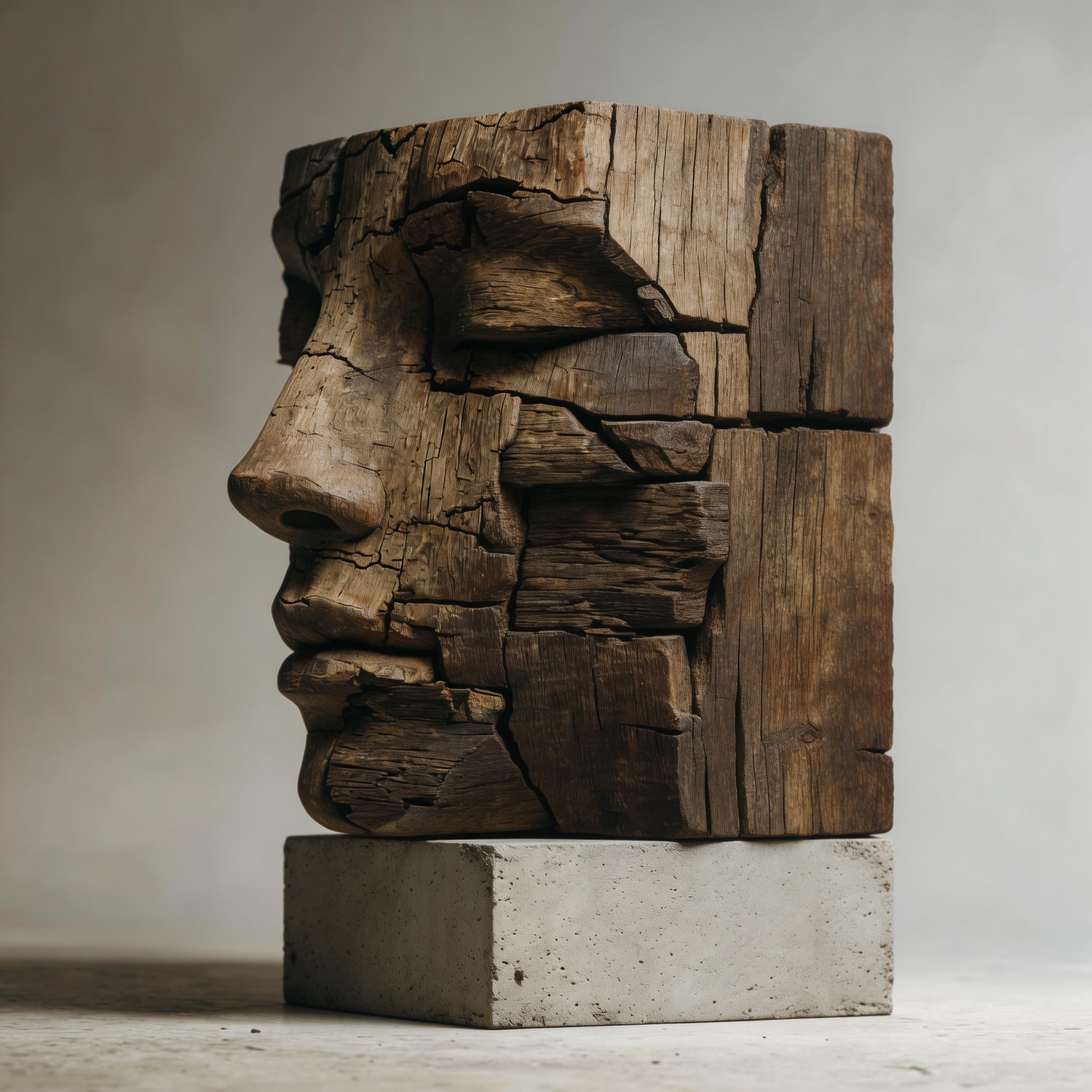 Cracked Eternity: The Weathered Block Visage｜ Wood Sculpture