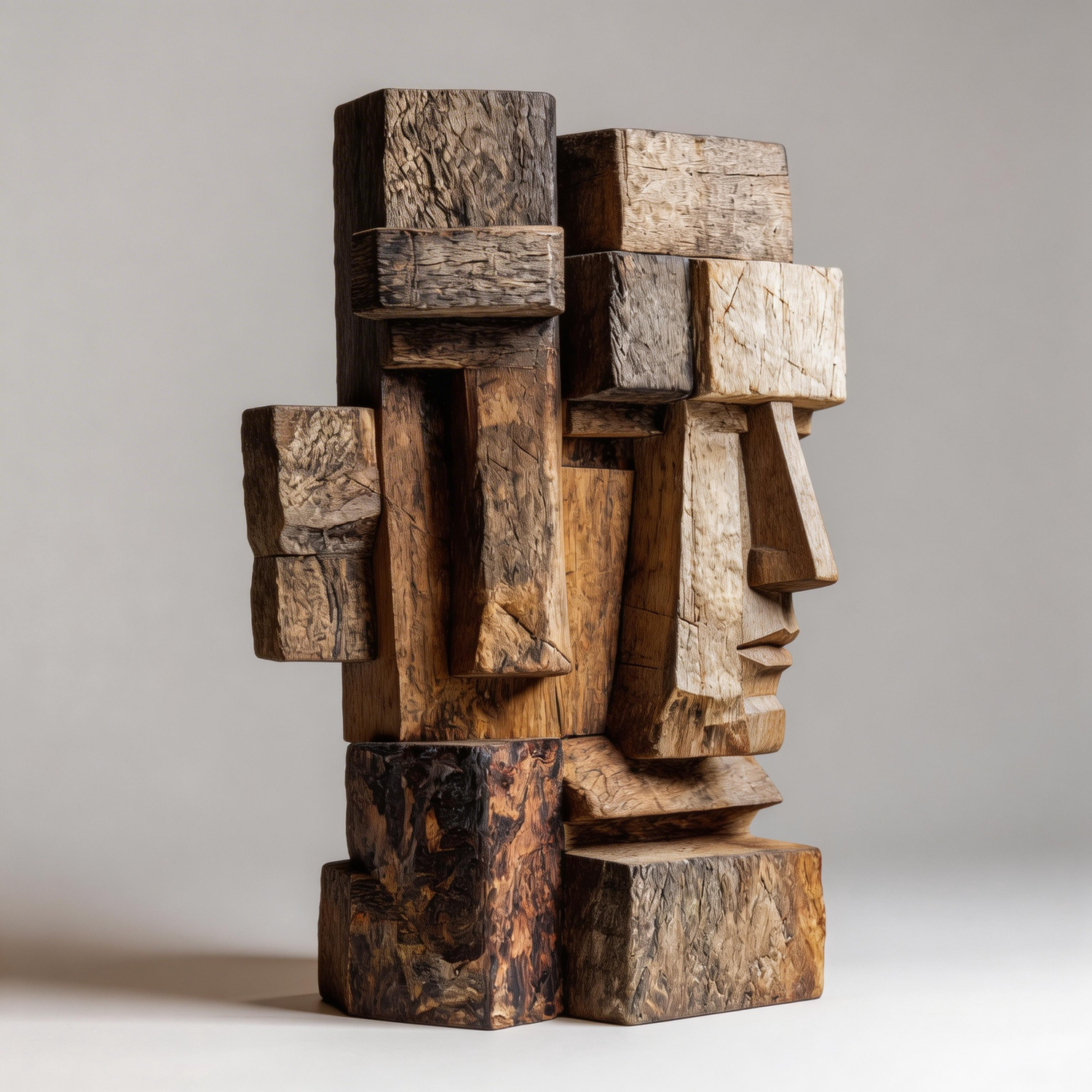 Dual Cubist Totem: The Weathered Block Duo｜ Wood Sculpture