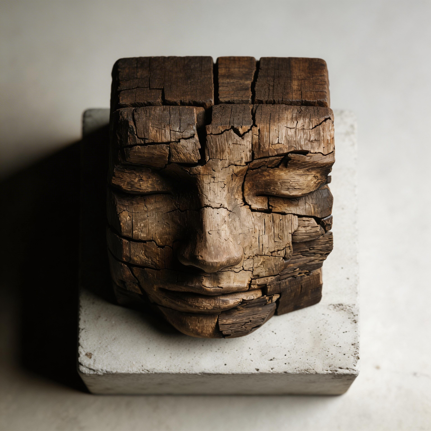 Cracked Eternity: The Weathered Block Visage｜ Wood Sculpture