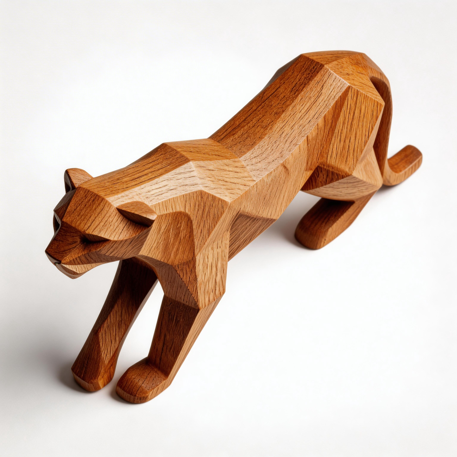 Geometric Prowler: The Hand-Carved Polygonal Panther Sculpture| Wood Sculpture