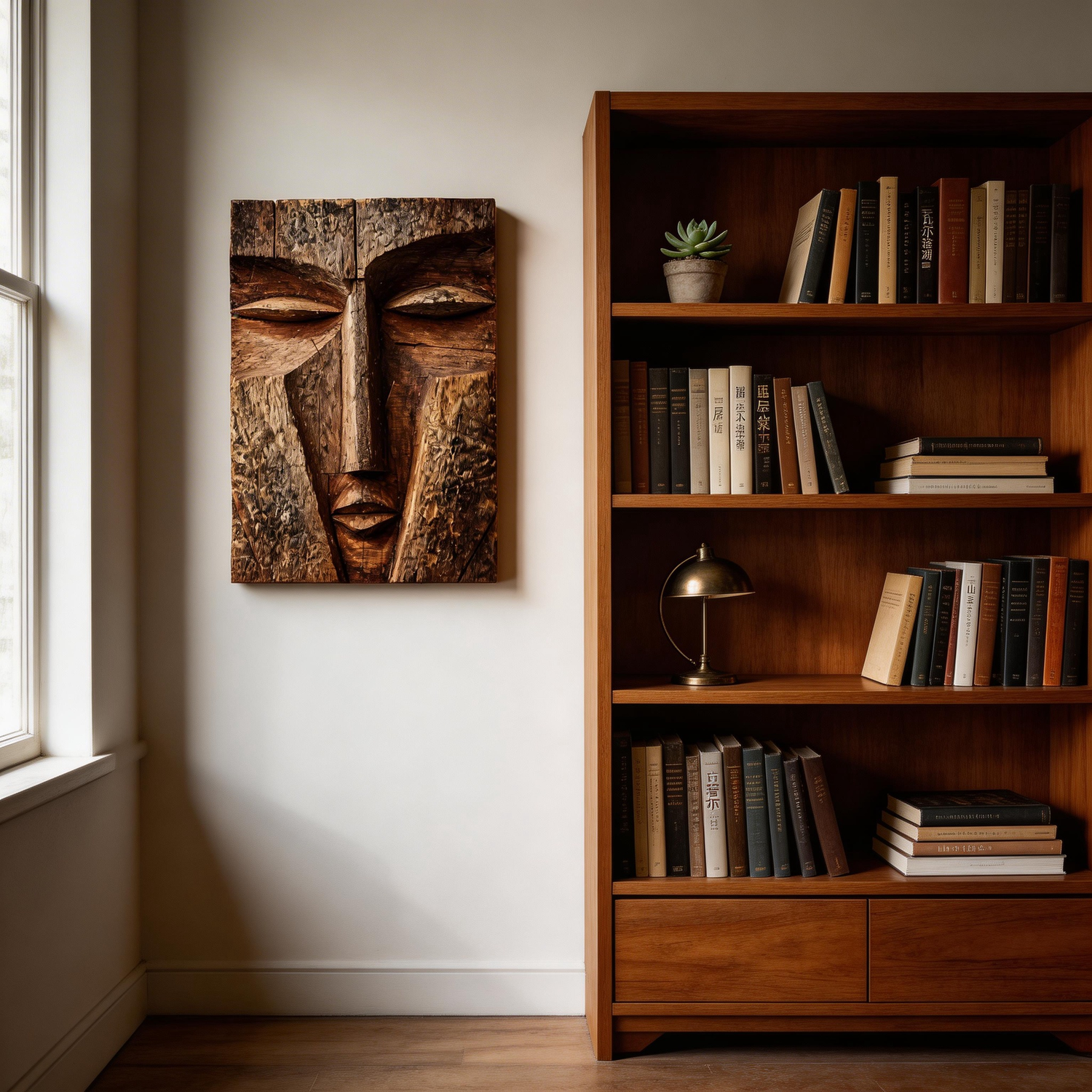 Serene Monolith: The Geometric Wood Relief Mask｜Wood Sculpture