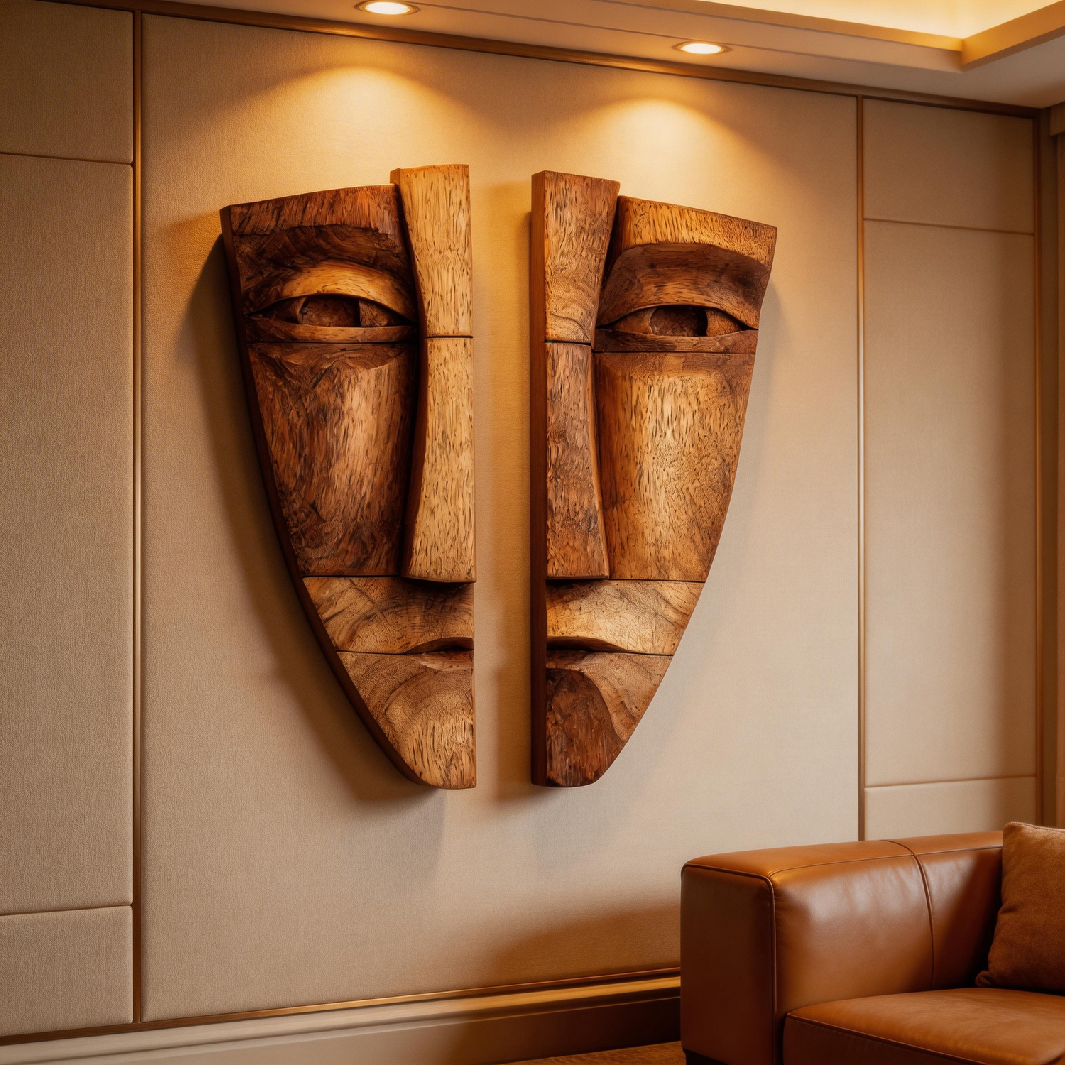 Divided Serenity: The Split Wood Face Masks｜Wood Sculpture