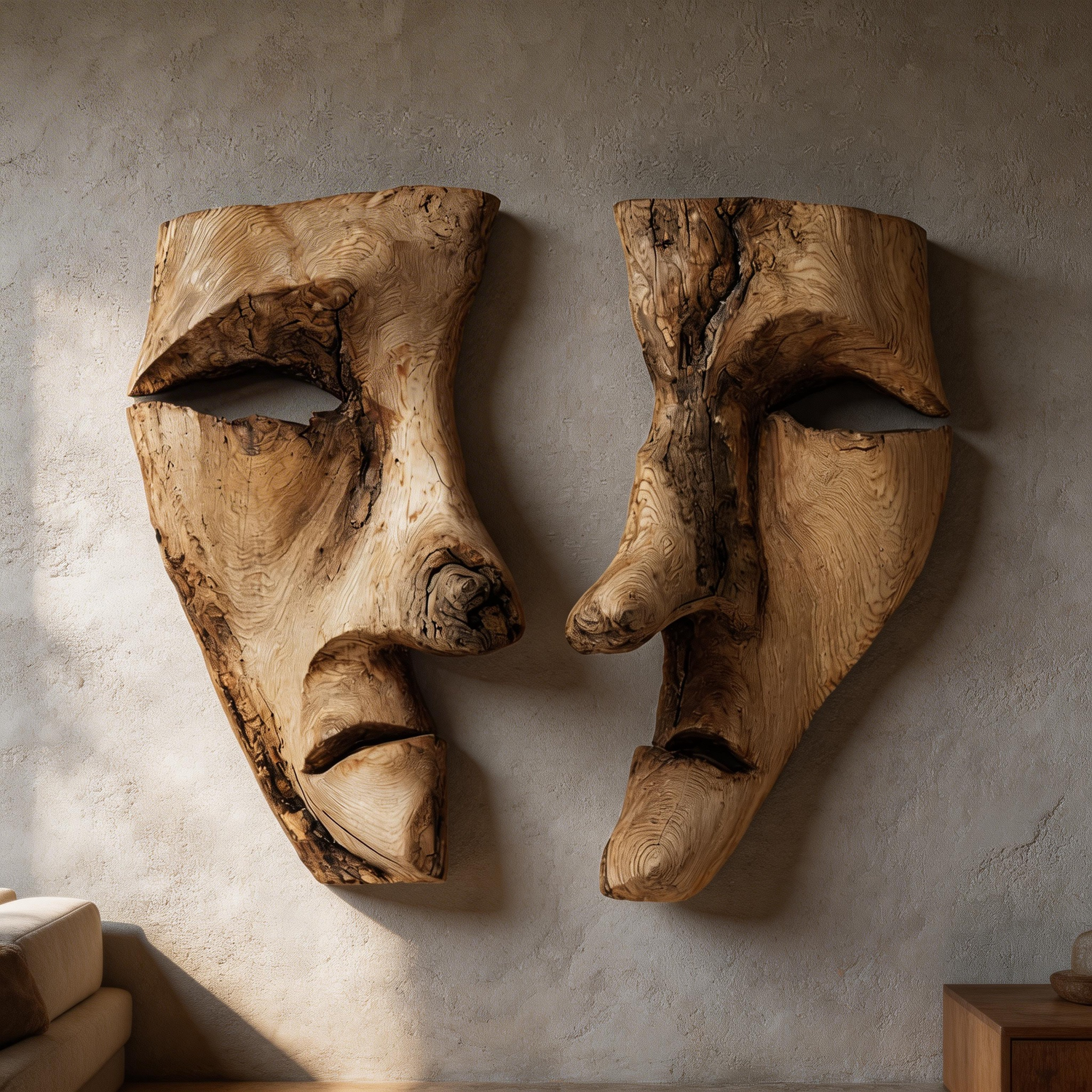 Dual Essence: The Live-Edge Wood Face Masks｜Wood Sculpture