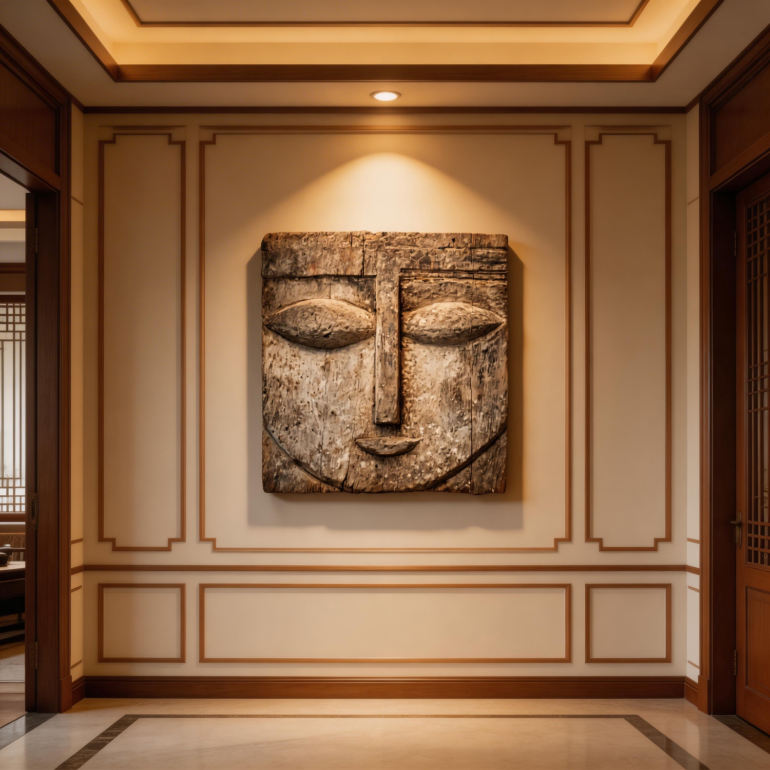 Square Serenity: The Weathered Wood Relief Mask｜Wood Sculpture