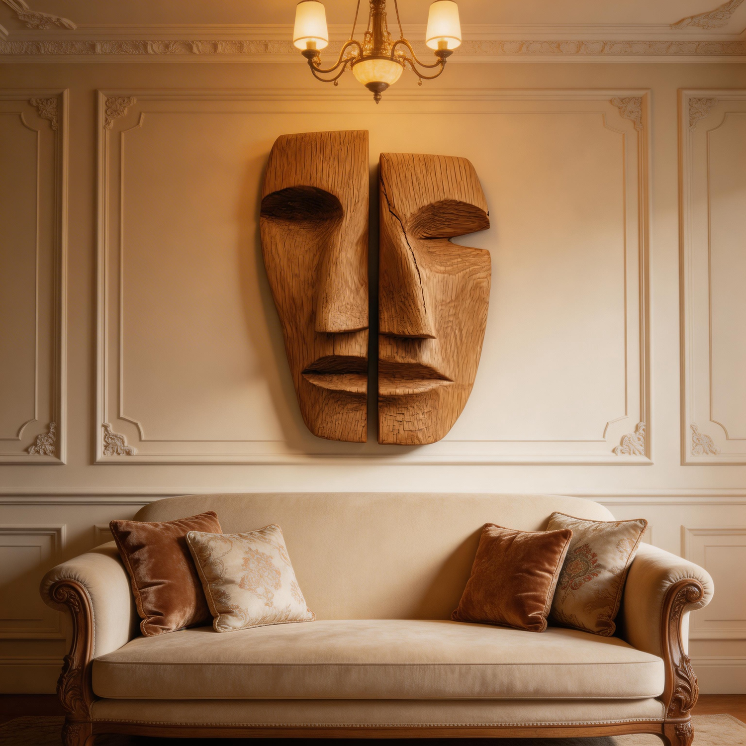 Split Duality: The Cracked Oak Face Relief ｜ Wall Sculpture