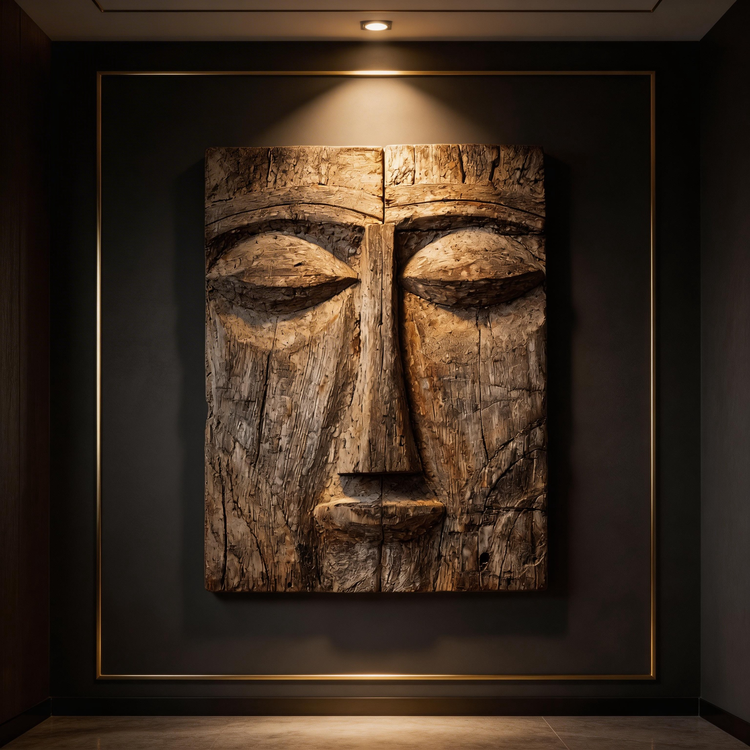 Timeless Guardian: The Weathered Wood Relief Mask｜Wood Sculpture