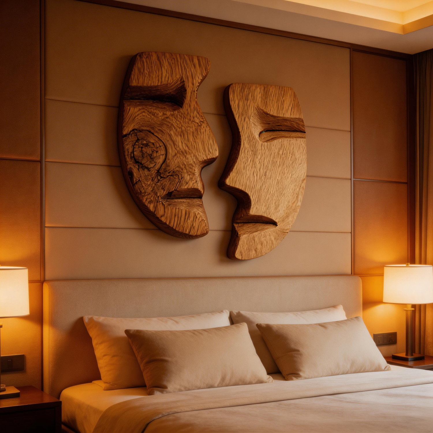 Dual Serenity: The Split Oak Face Masks ｜Wood Sculpture