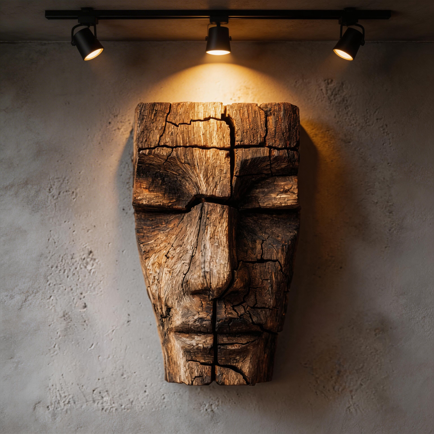 Cracked Monolith: The Weathered Wood Face Mask｜Wood Sculpture