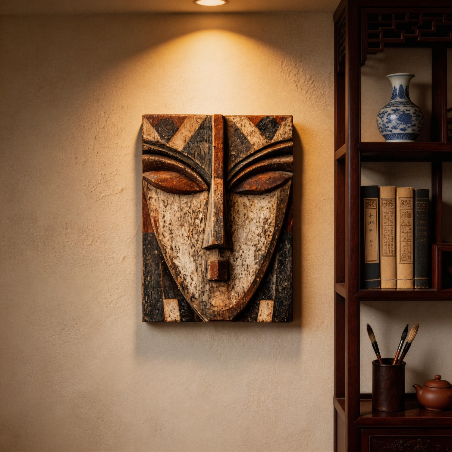 Tribal Geometry: The Painted Wood Face Relief ｜Wood Sculpture