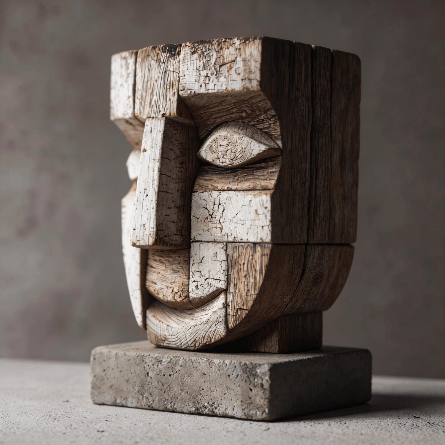 Cubist Weathered Wooden Mask Sculpture  Wood Sculpture