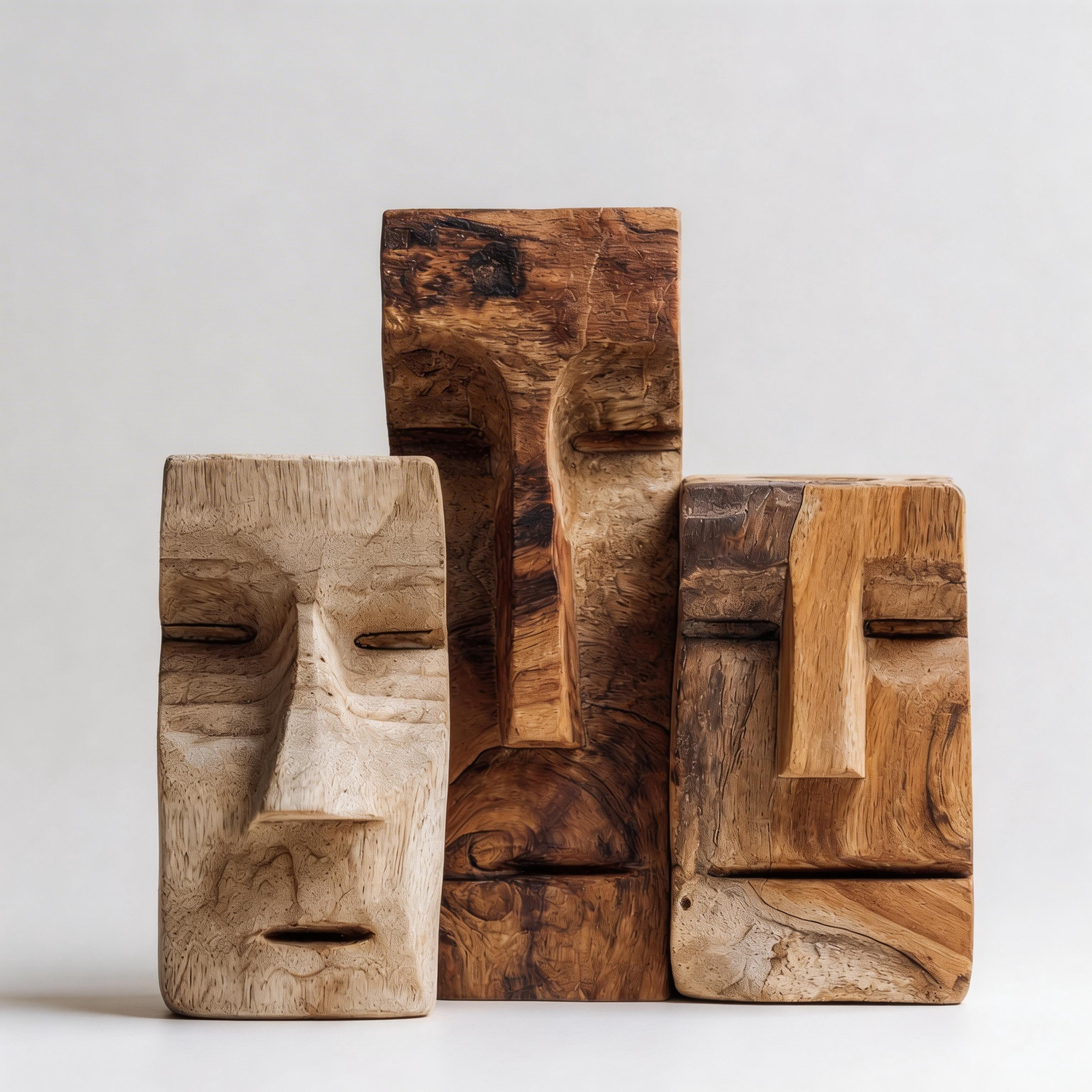 Triptych Cubist Wooden Faces Sculpture  Wood Sculpture