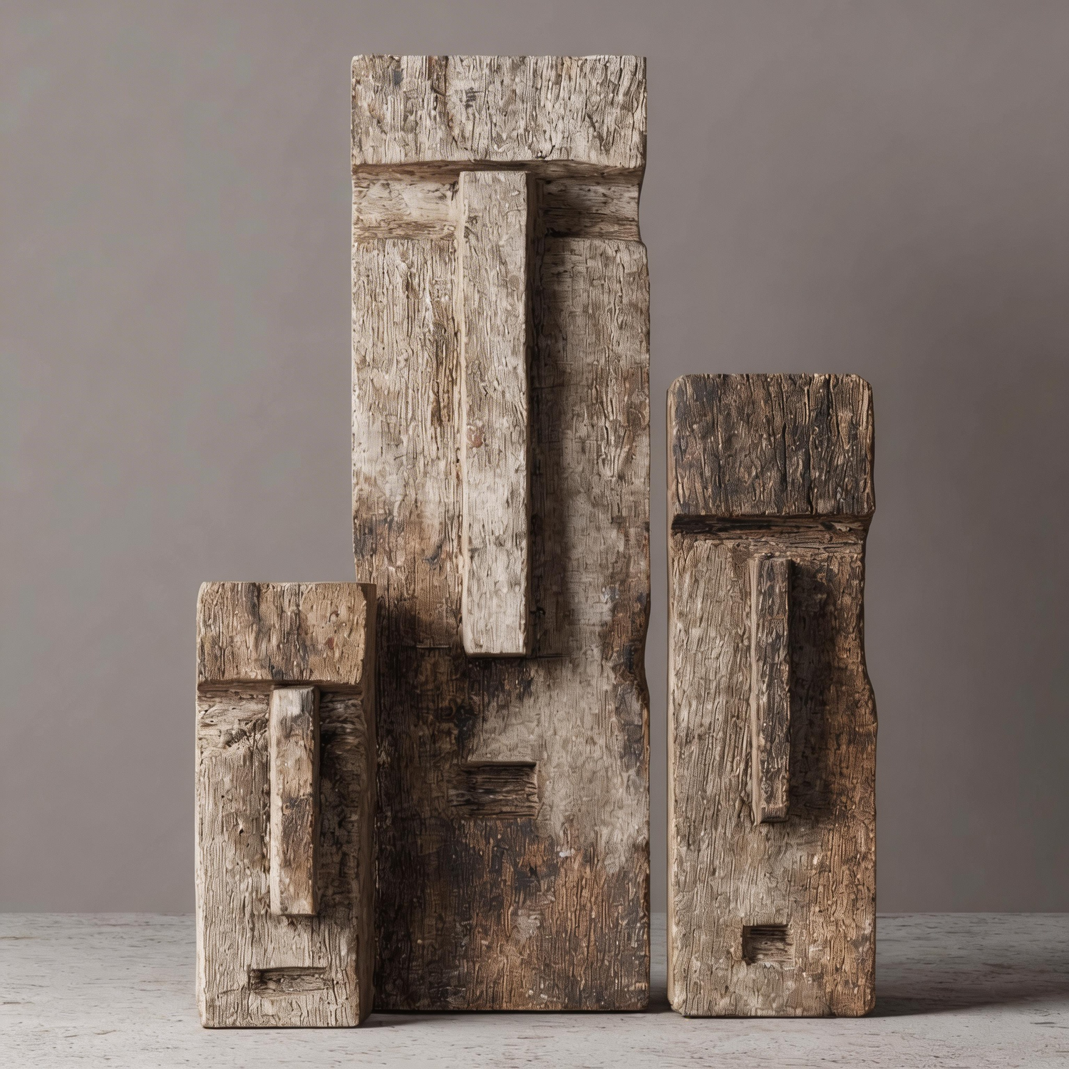 Primitive Geometric Abstract Sculpture Set l Wood Sculpture