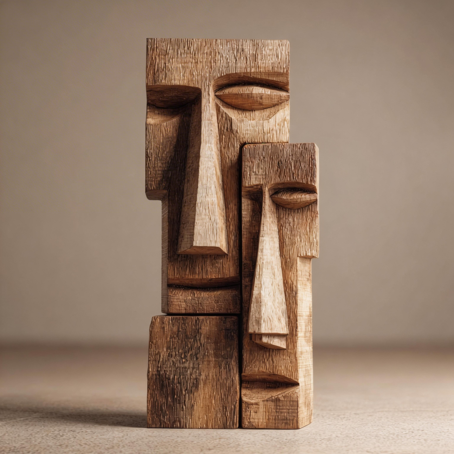 Stacked Primitive Faces l Wood Sculpture