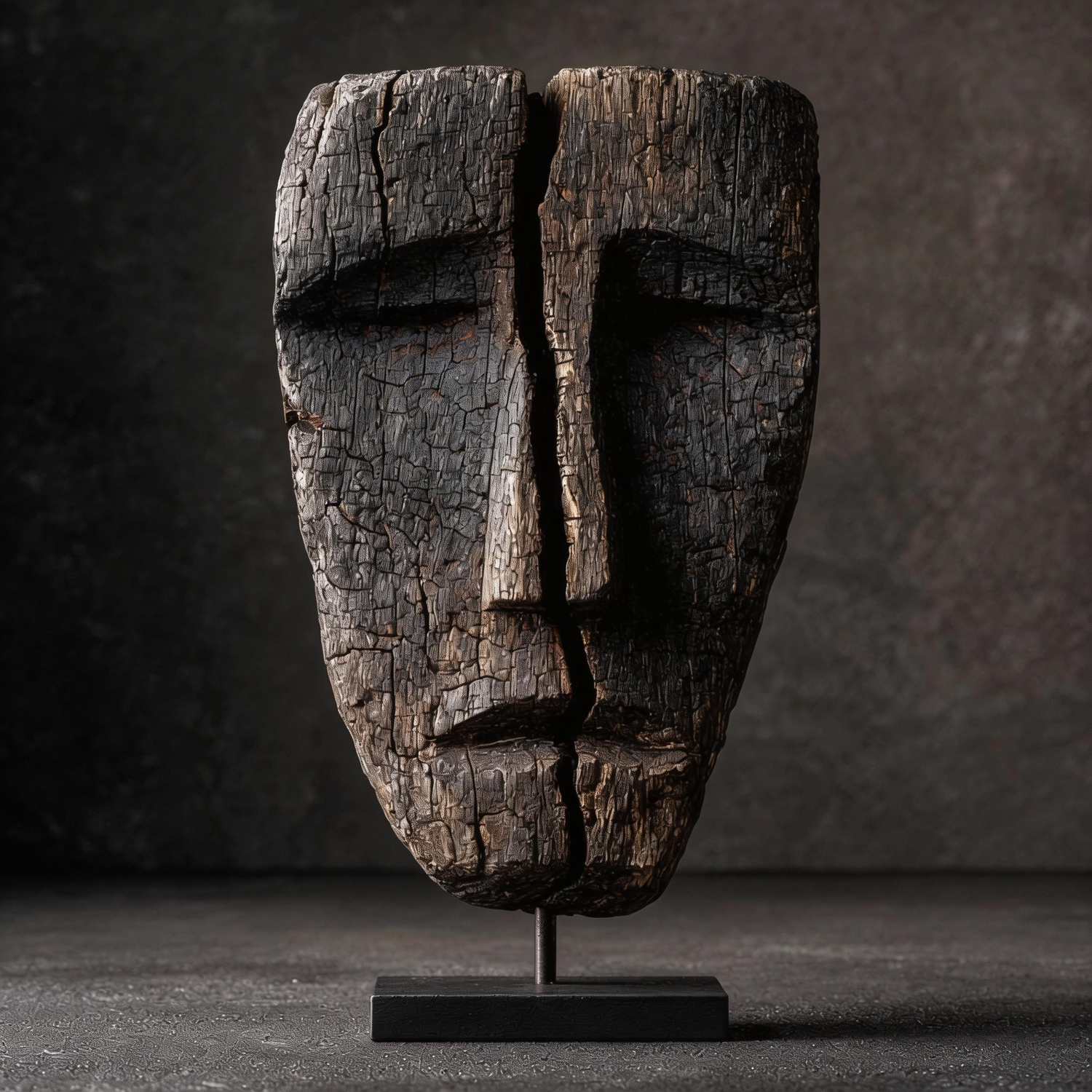 Fractured Charcoal Duality Mask l Wood Sculpture