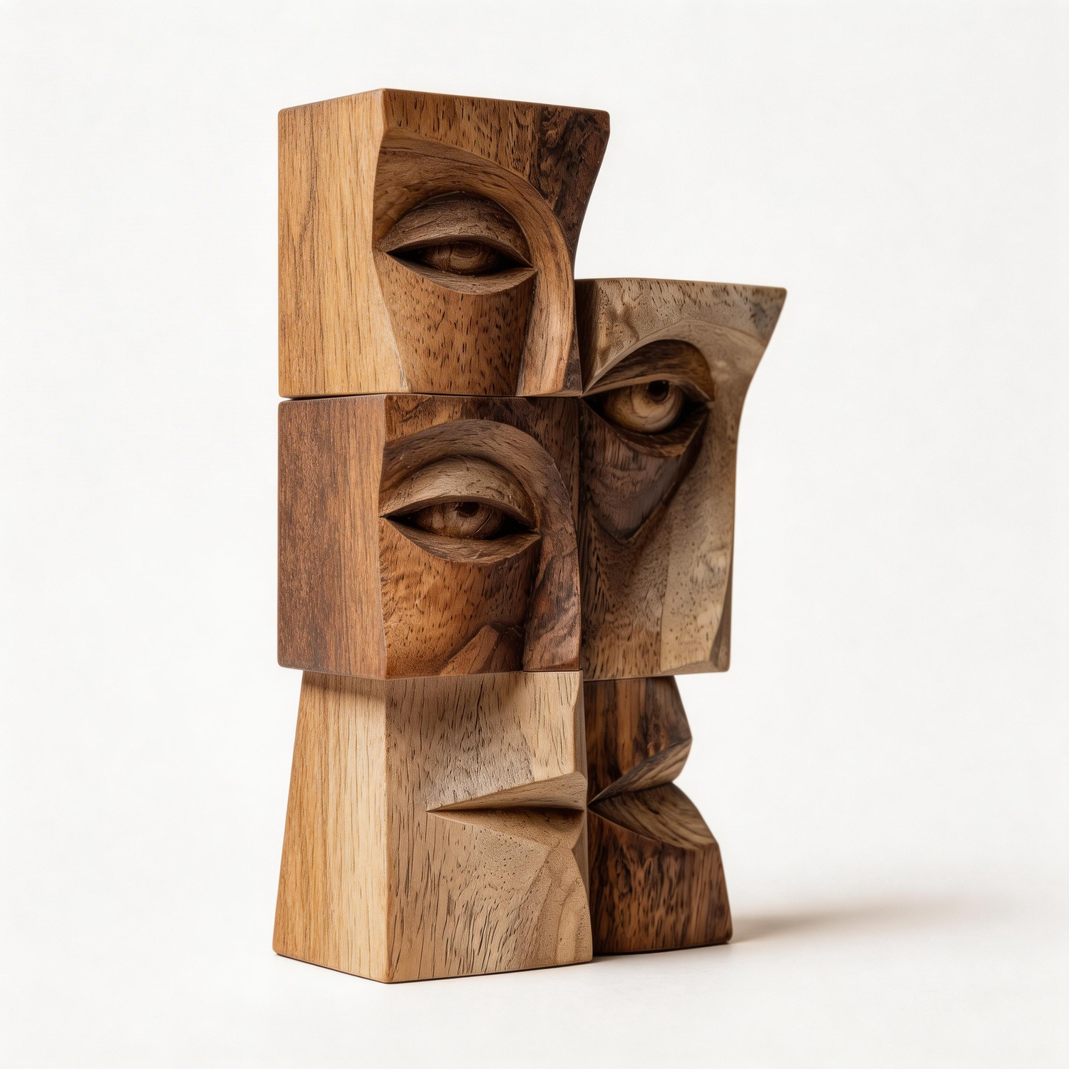 Stacked Cubist Faces l Wood Sculpture