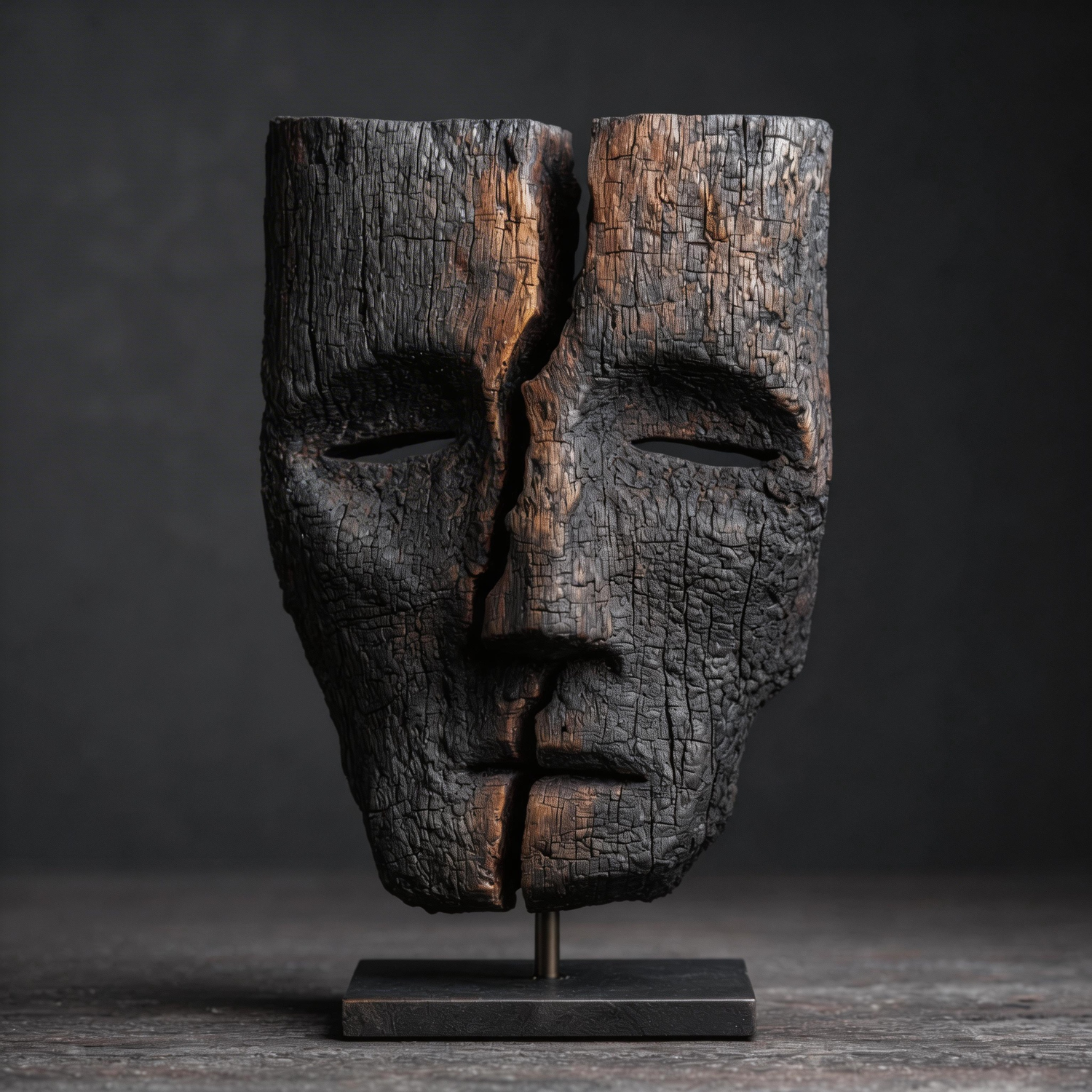 Fractured Charcoal Duality Mask l Wood Sculpture