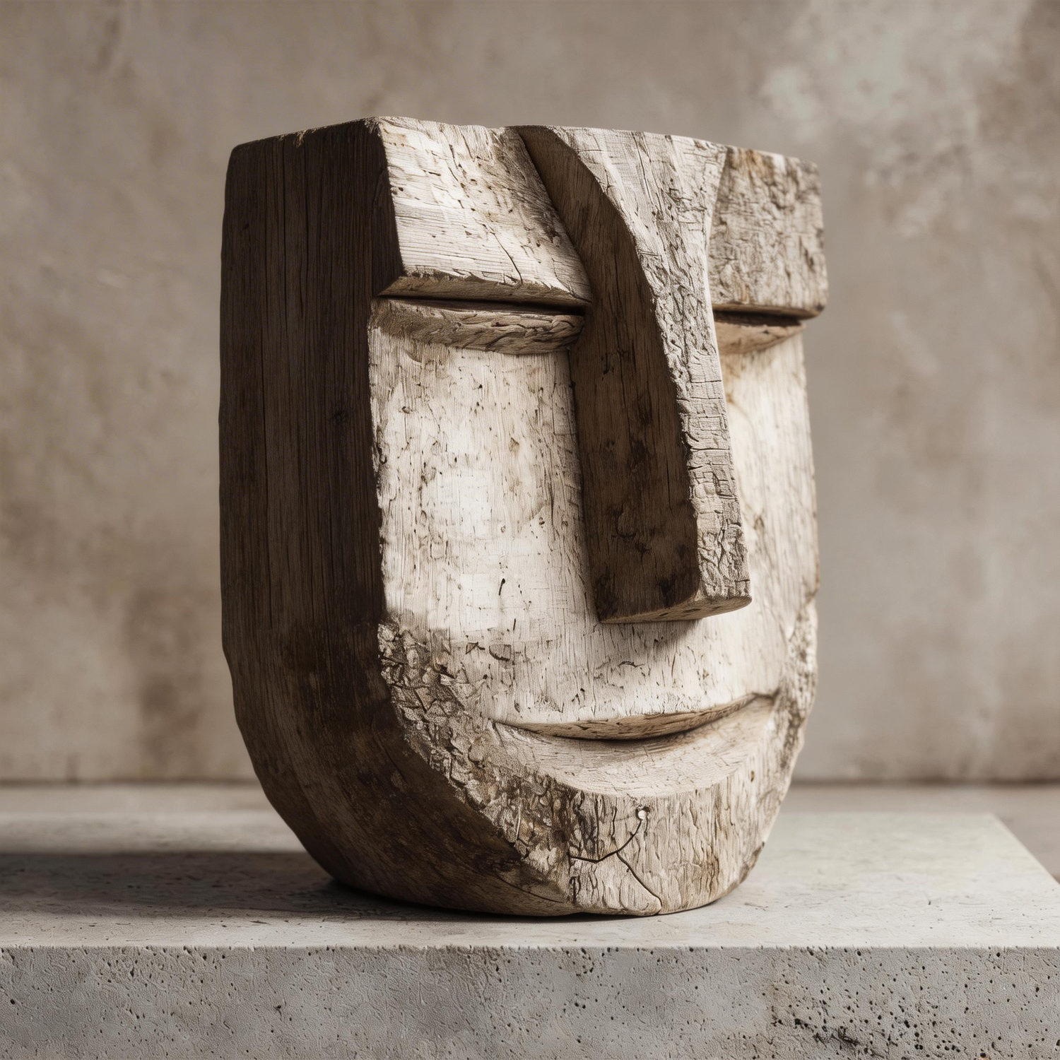 Serene Cubist Weathered Wooden Mask  Wood Sculpture