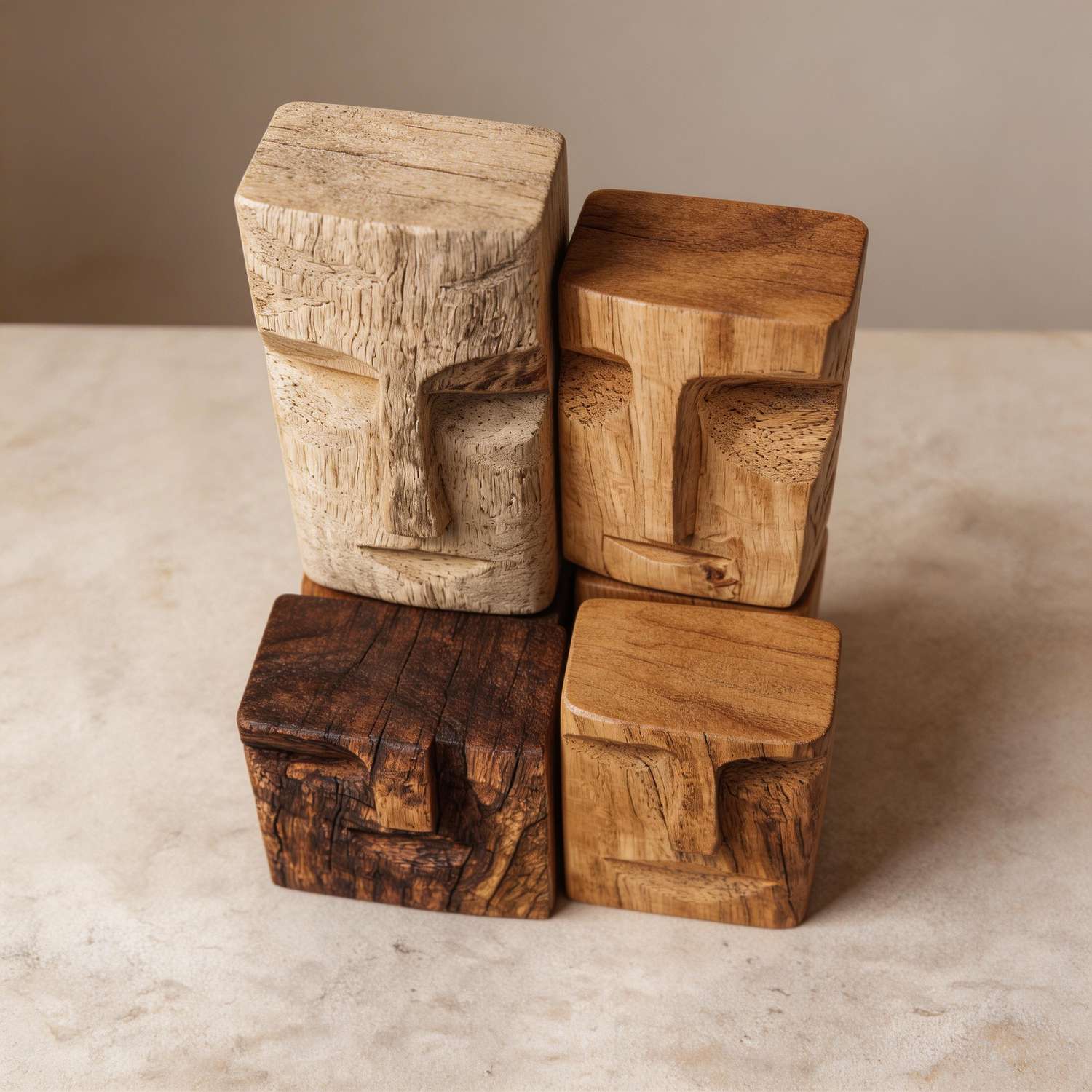 Quartet Cubist Wooden Faces Sculpture   Wood Sculpture