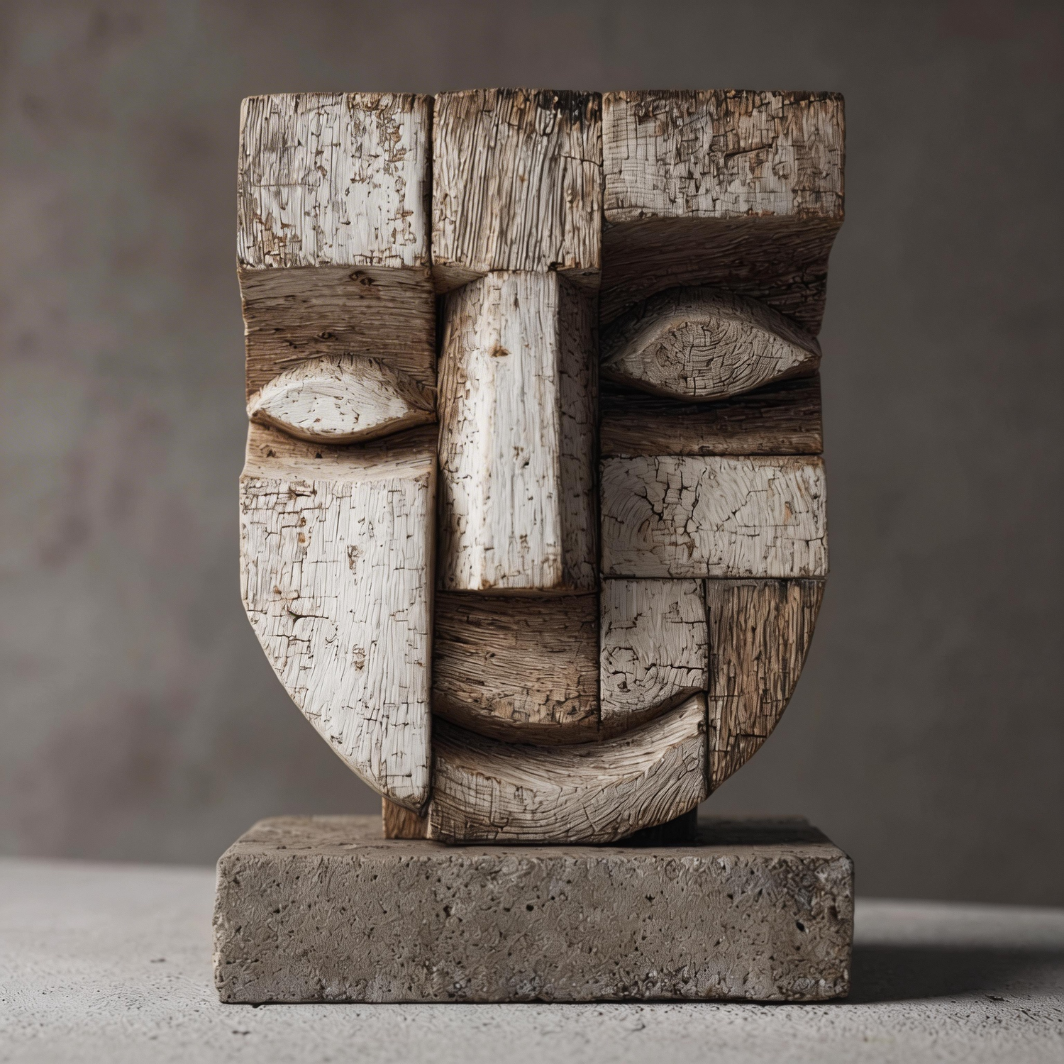 Cubist Weathered Wooden Mask Sculpture  Wood Sculpture