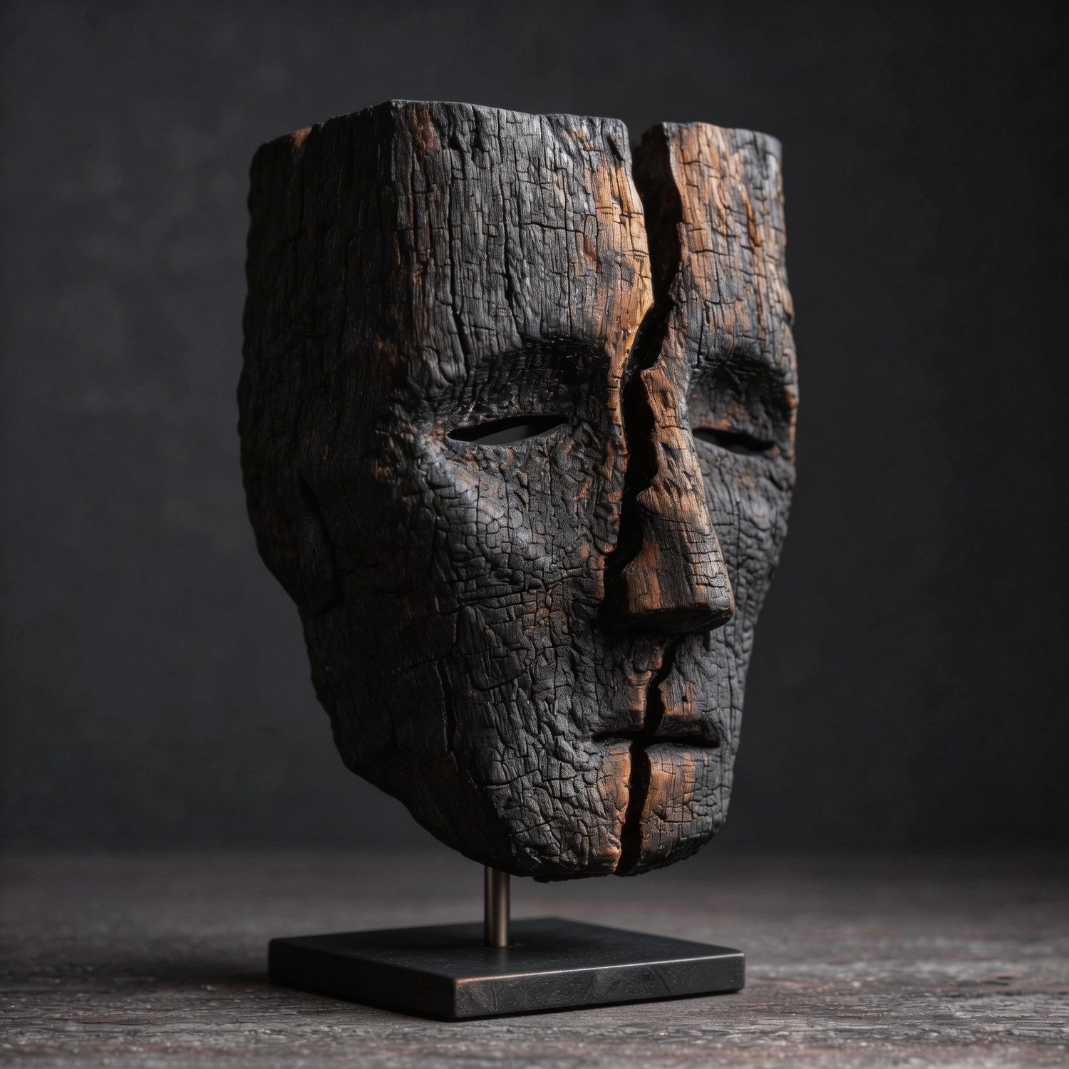 Fractured Charcoal Duality Mask l Wood Sculpture