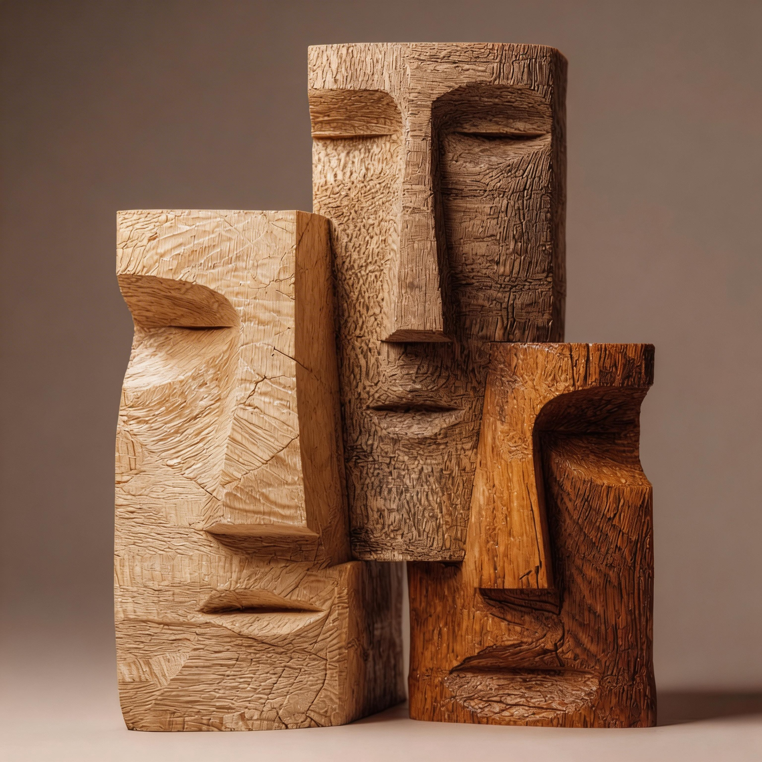 Triptych Abstract Wooden Faces Sculpture  Wood Sculpture