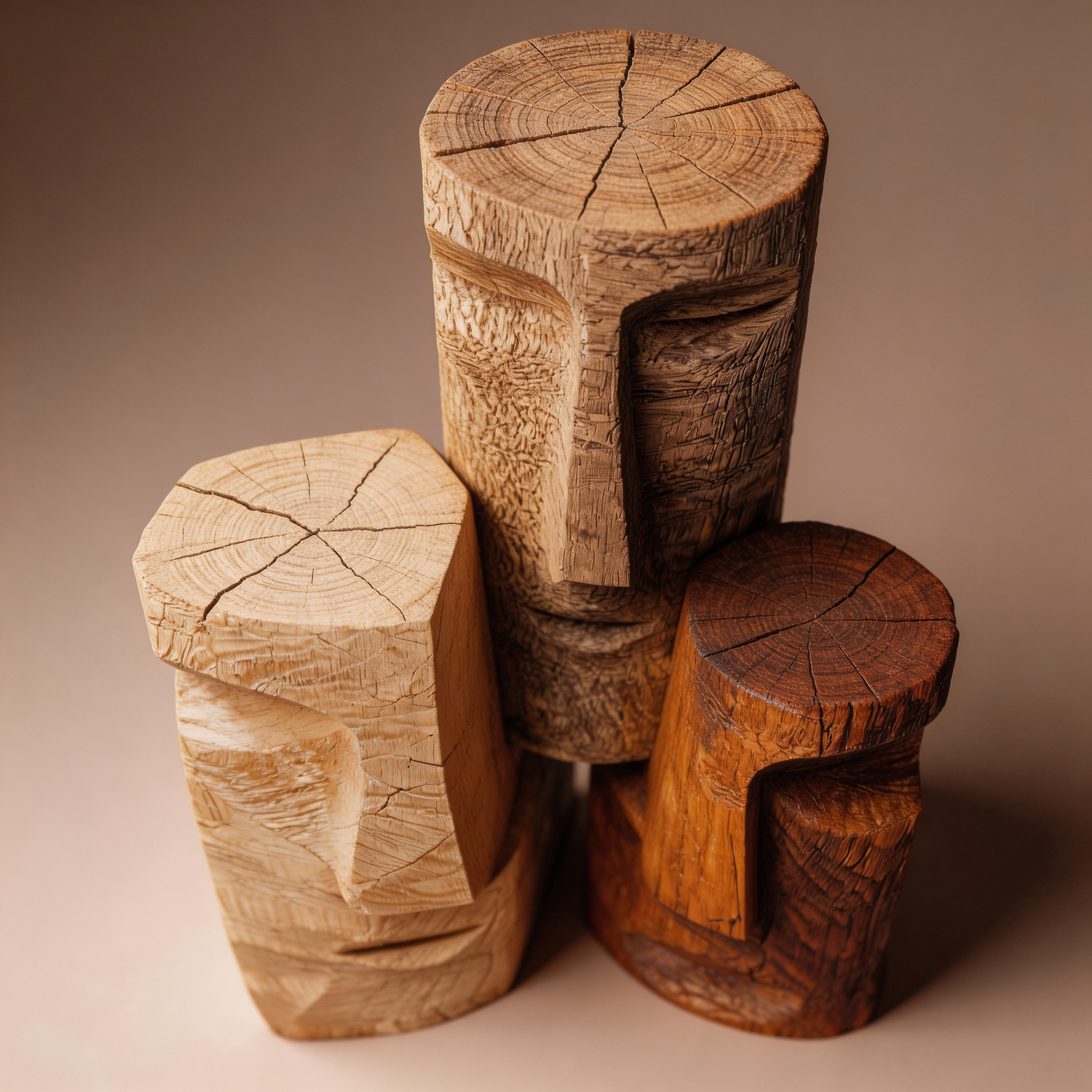 Triptych Abstract Wooden Faces Sculpture  Wood Sculpture
