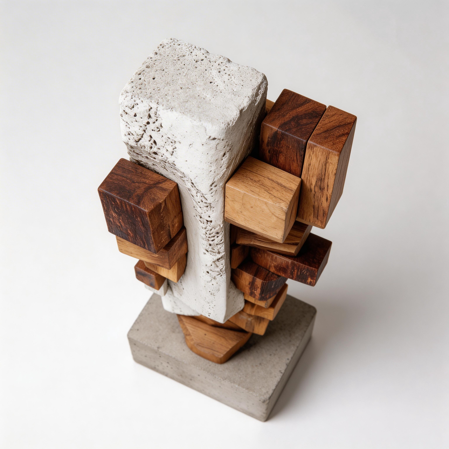 Fragmented Cubist Stone-Wood Fusion l Wood Sculpture