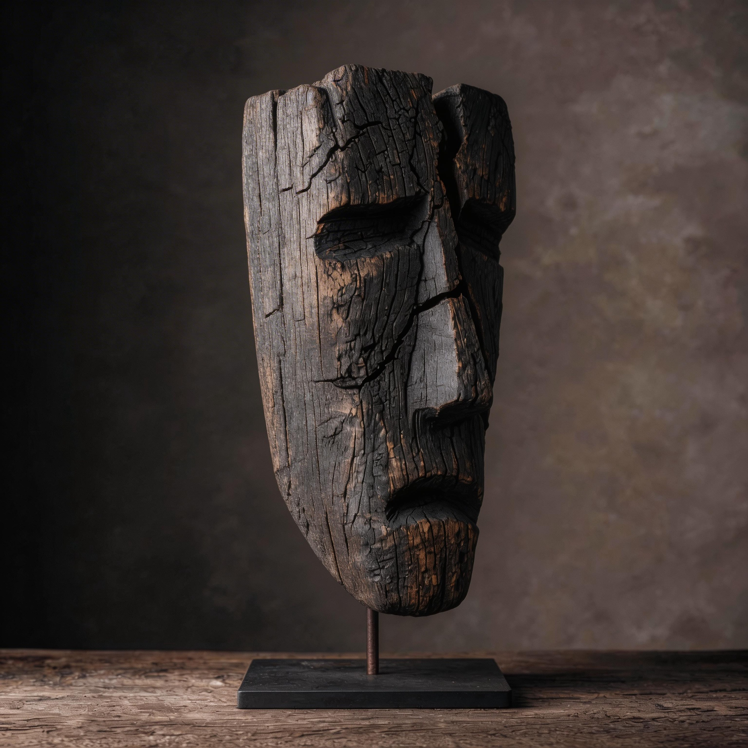 Fractured Charcoal Ancestral Mask l Wood Sculpture