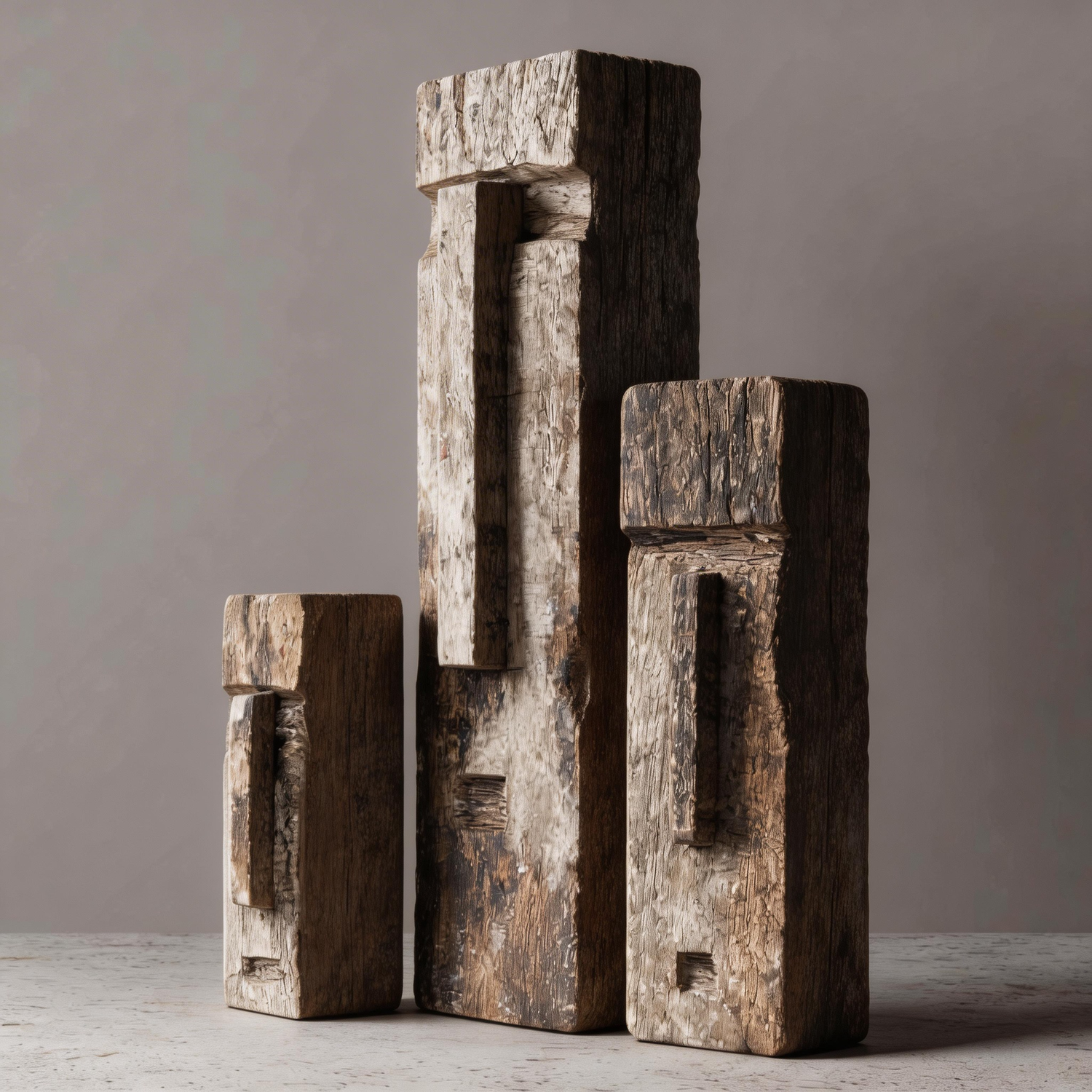 Primitive Geometric Abstract Sculpture Set l Wood Sculpture